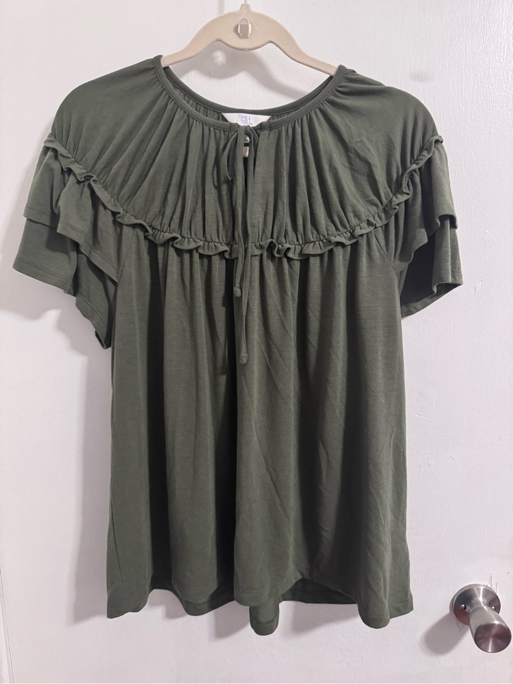 Time and Tru Olive Green Ruffle Yoke Tie-Front Top